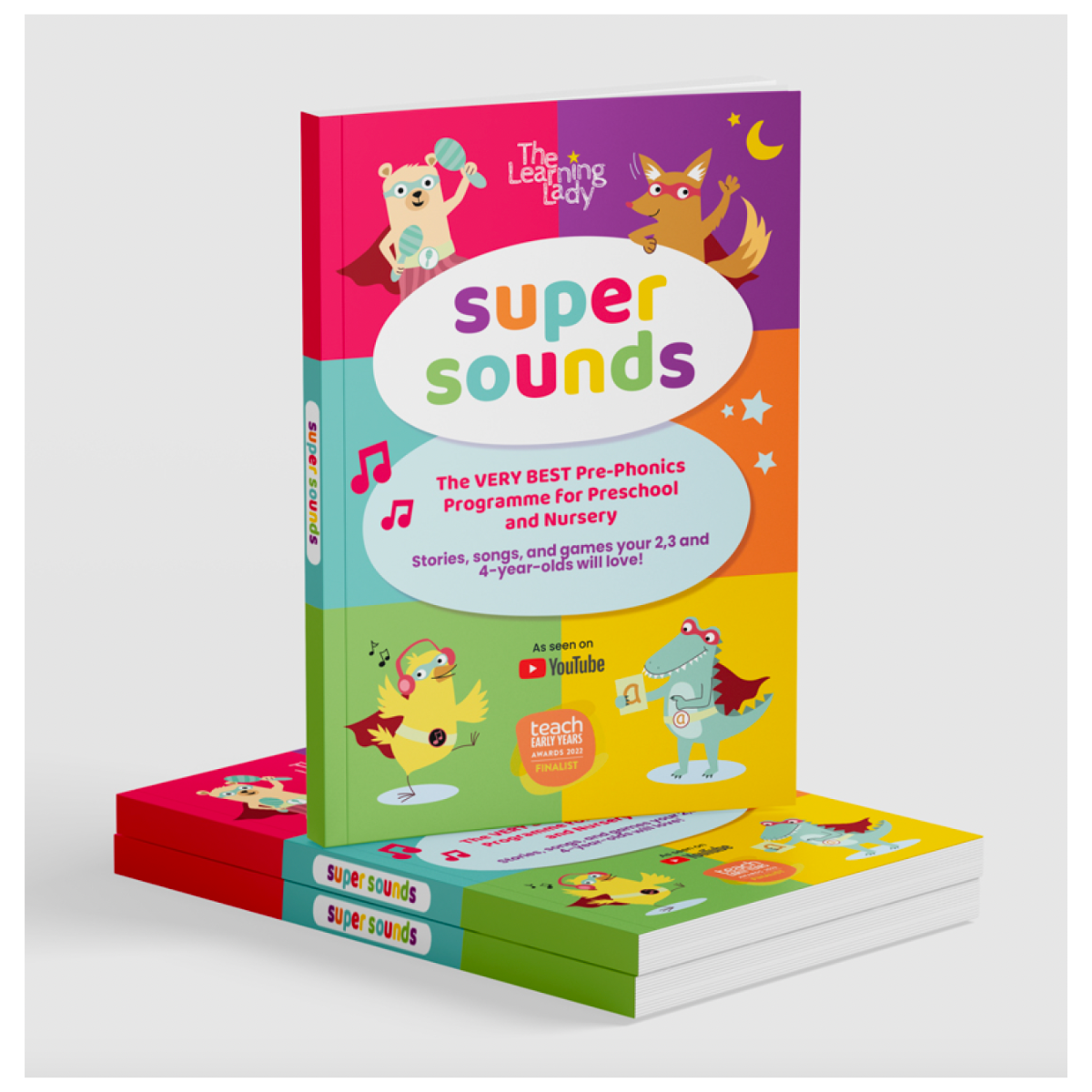 illustrating the front cover of the Super Sounds book which is a phase 1 phonics programme for 2,3 and 4 year olds