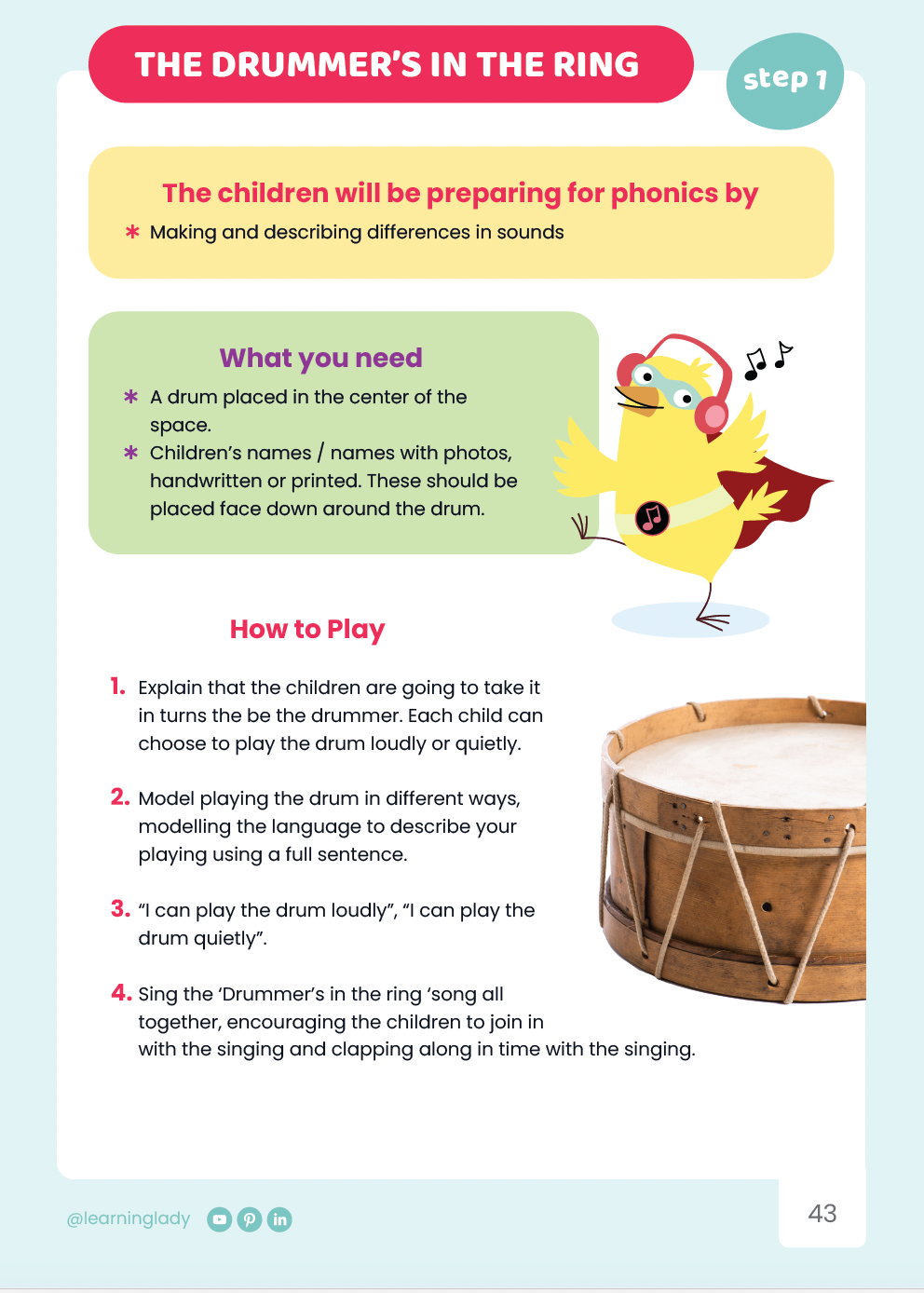 Illustarating what you need to play the drummer's in the ring game from the phonics for nursery Super Sounds book